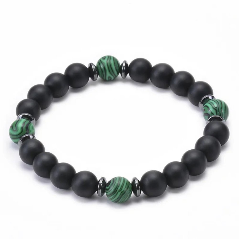 8mm Green Malachite & Frosted Black Natural Stone Beaded Bracelet NEW